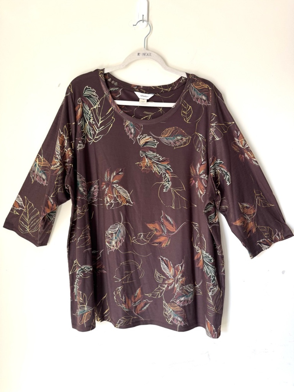 CJ Banks Brown Fall Leaf Print Tee Top